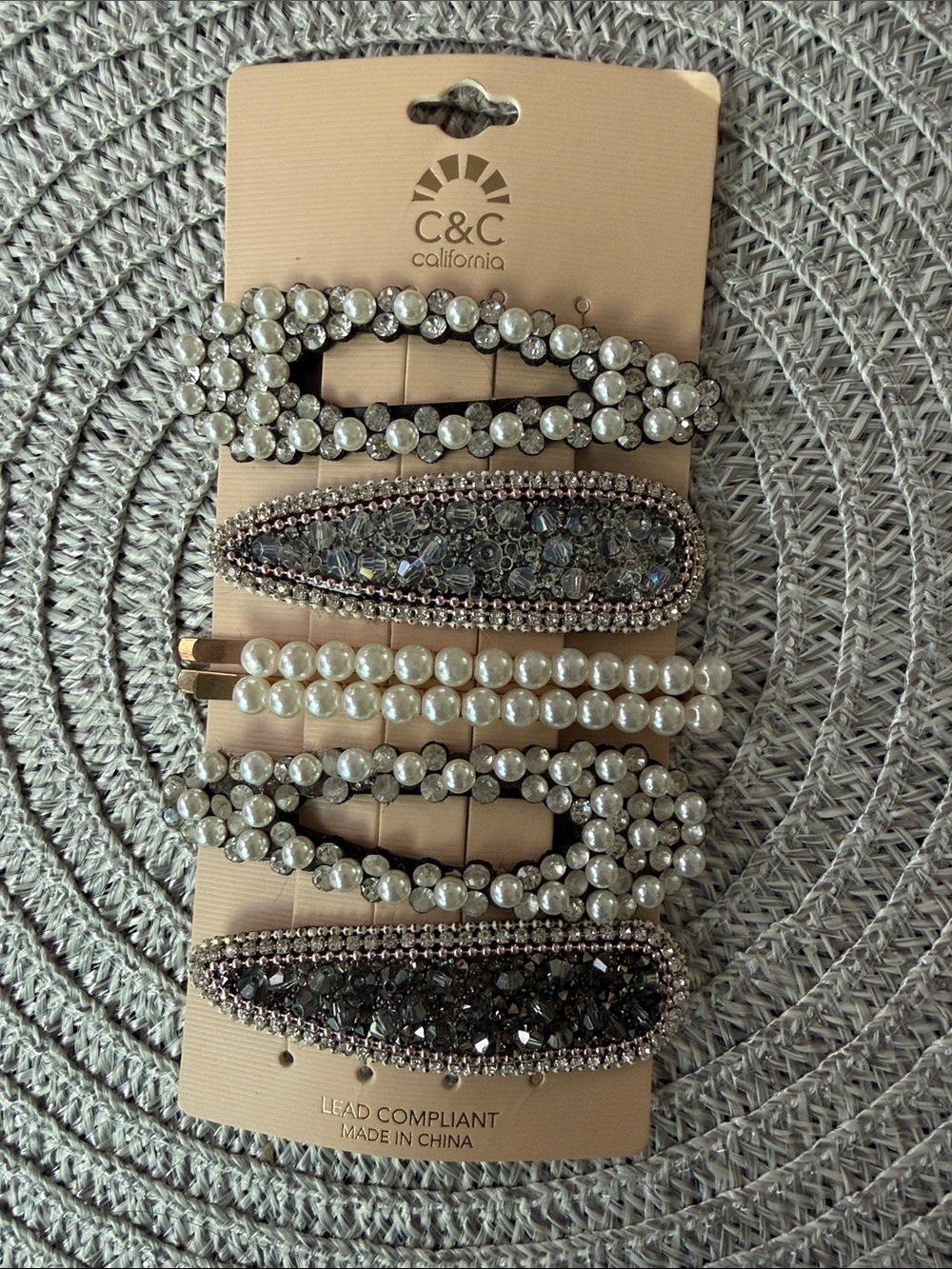 C&C California Pearl & Crystal Mixed Clip Set - White Pearls & Silver Crystals